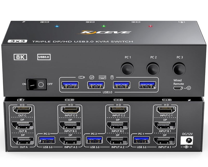 MLEEDA KVM Switch 3 Monitors 3 Computers 8K@60Hz, HDMI + 2* Displayport Triple Monitor KVM Switch,3 Monitor KVM with 4 USB 3.0 Ports for Keyboard Mouse Printer, Wired Remote and Power Adapter Included - Image 1